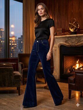 Lafayette 148 Dark Navy Wide-Leg velvety Pants with Contrast Stitching size 14